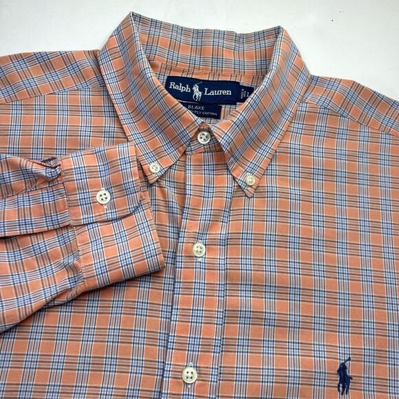 Ralph Lauren Blake Mens L Cotton Orange Blue Check Long Sleeve Button Down Shirt - Picture 1 of 6